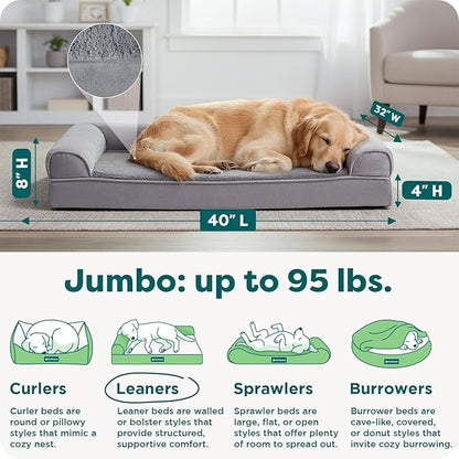 Furhaven Orthopedic Dog Bed for Large Dogs w/ Removable Bolsters & Washable Cover, For Dogs Up to 95 lbs - Plush & Suede Sofa - Gray, Jumbo/XL