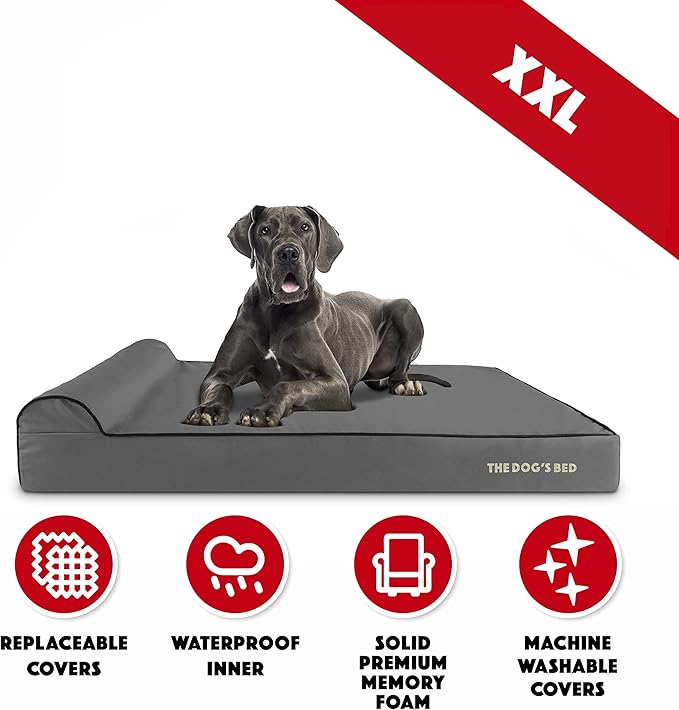 The Dog’s Bed Orthopedic Headrest Dog Bed XXL Grey/Black, Memory Foam, Pain Relief for Arthritis, Hip & Elbow Dysplasia, Post Surgery, Lameness, Waterproof Washable Cover, Veterinary Approved