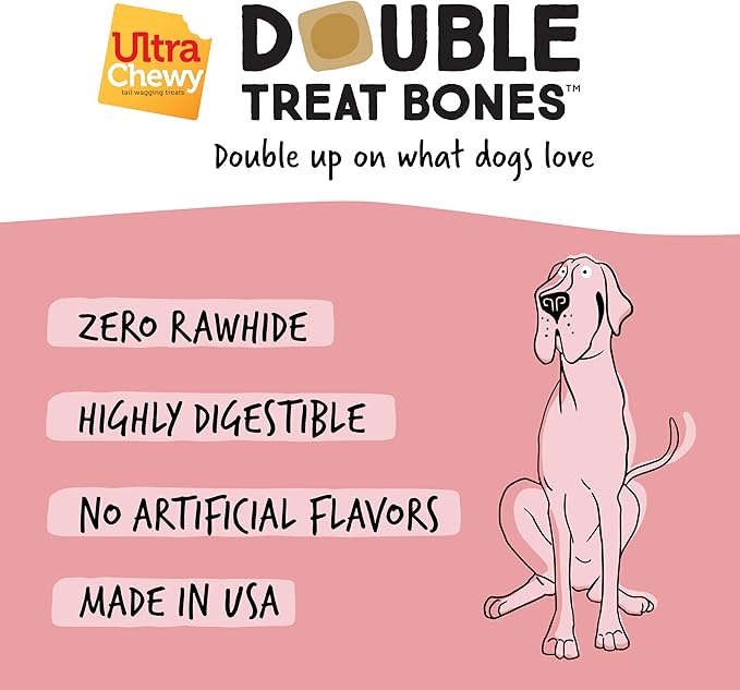Ultra Chewy Yogurt with Strawberry Double Treat Bones: Long-Lasting Dog Treats Made in USA for Large and Small Breeds, Highly Digestible (12 Count)