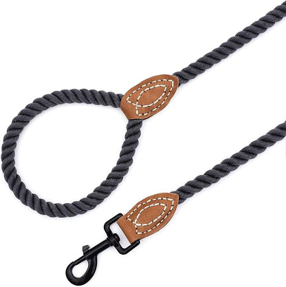 Mile High Life Dog Leash, Braided Cotton Rope Leashes with Leather Tailor Tip with Leather Tip - Heavy Duty Metal Clasp, 4FT, 1/2" Thick - Wedding, Walking for Medium Large Dogs(Dark Gray)