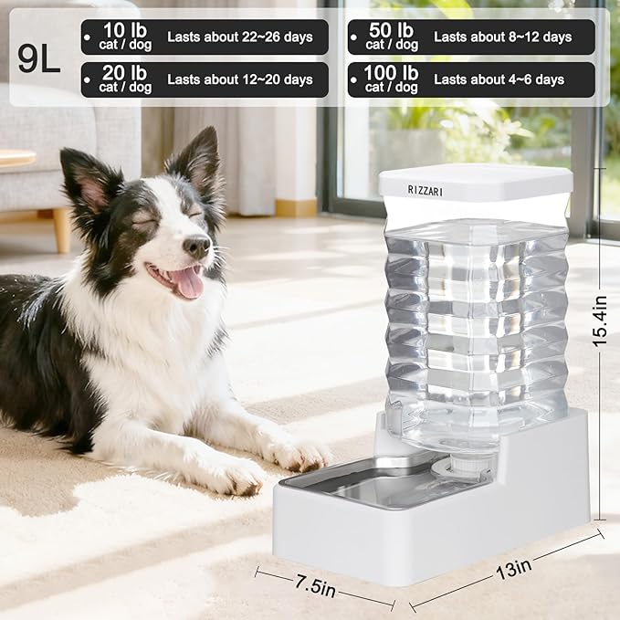 RIZZARI Stainless Steel Pet Waterer: 9L White Gravity Fed Water Dispenser Leak-Proof for Senior Dogs Joint Care Home Owners - with Filter - Bedroom Garden Use