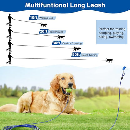 Long Leash Chew Proof, Tie Out Cable for Dogs 10/20/30/50 ft With Carabiner, Leads for Yard Medium Large Dogs, Padded Handle (Blue, 10Ft)