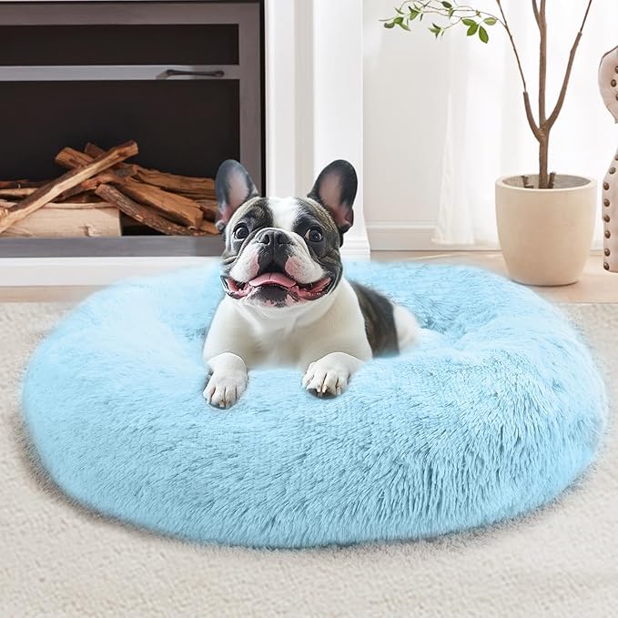 JOLLYVOGUE Calming Dog Bed Large Size Dog, Anti-Anxiety Donut Large Pet Bed, 36 inches Fluffy Faux Fur Round Cat Bed, Fits up to 75 lbs Pets (Light Blue)