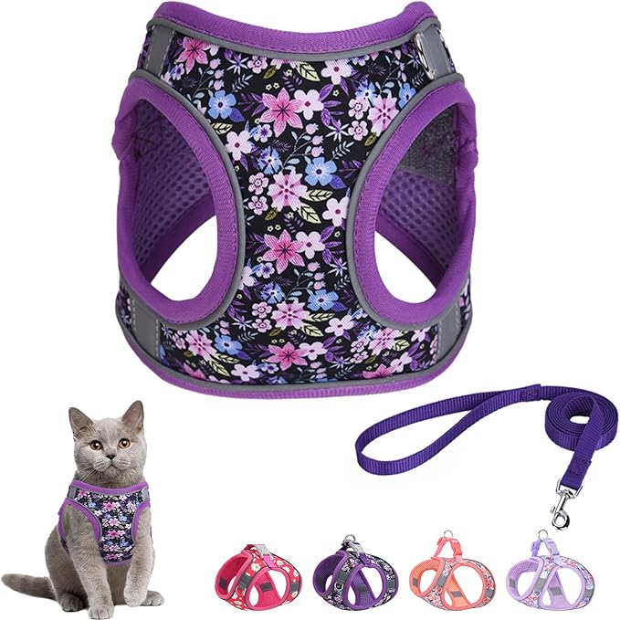 Step in Dog Harness and Leash Set, Flower Adjustable Easy Walk Puppy Harnesses, Soft Mesh Pet Vest Harness Small Size Dog Adjustable No Pull Dog Harness for Small Dogs and Cats(Purple, XS)