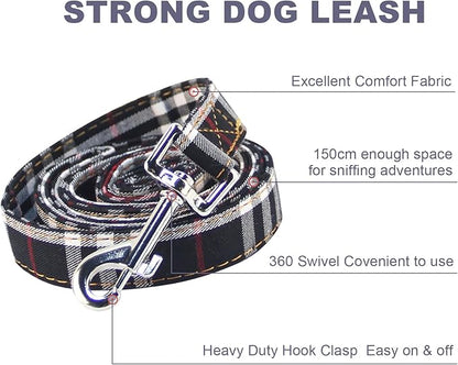 Yizepet Dog Collar and Leash Set-Plaid Puppy Collar with Bow Tie - Adjustable pet Collar for Dogs with Bell, Stylish Pattern for Small Medium or Large Boy and Girl Dog