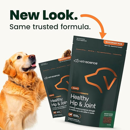 VetriScience Ultimate Strength Hip & Joint Supplement for Dogs, GlycoFlex Plus – MSM, Chondroitin & Green-Lipped Mussel Chews for Mobility, Flexibility, Comfort & Support, Bacon Flavor, 60 Cnt
