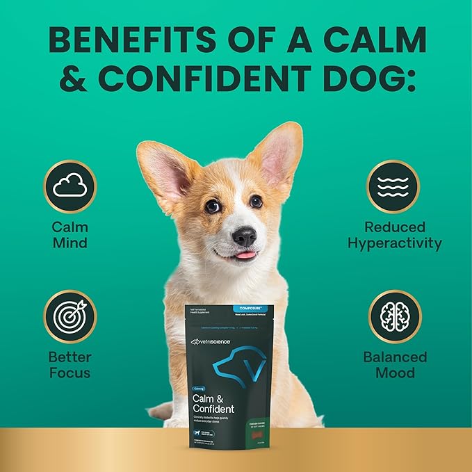 VetriScience Calm & Confident Chews, Composure Clinically Tested Calming and Anxiety Supplement for Small Dogs Under 30 lbs, Reduce Stress, Ideal for Thunderstorms and Fireworks, Chicken, 30 Count