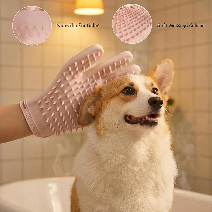 Pet Grooming & Hair Removal Gloves for Dogs & Cats, 2 Pairs Electrostatic Silicone Mitts with Soft Bristles, Enhanced 5-Finger Design for Pet Massage, Deshedding & Coat Care, Easy to Use & Clean(Red)