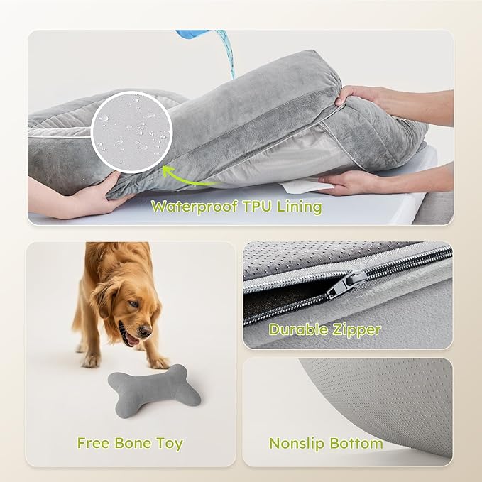 CWAWZ Extra Large Dog Bed, Orthopedic Dog Bed with Cooling Gel Memory Foam, Waterproof XL Pet Bed with Removable Washable Cover, 42" Pet Sofa Couch Dutch Velvet with Bone Toy, Light Gray
