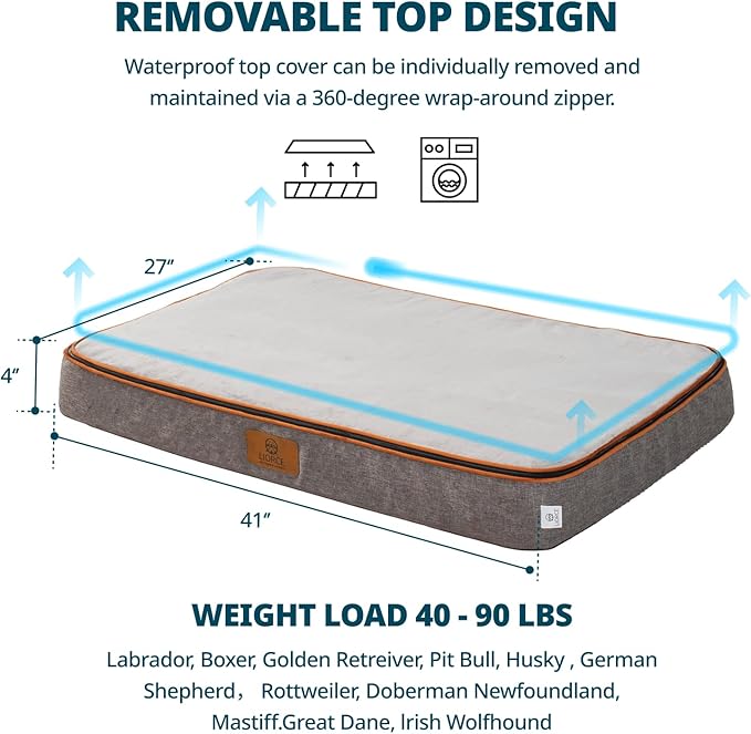 LIORCE Memory Foam XL Dog Bed - 4” Thick Orthopedic Beds for Extra Large Dogs - Waterproof Dog Bed with Removable Washable Cover & Wrap-Around Zipper - Ultimate Comfort and Easy Maintenance