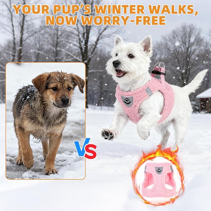 KOOLTAIL Plush Small Dog Harness and Leash Set, Warm Fleece No Pull Puppy Vest for Winter, Lightweight Reflective Step in Pet Harness for Medium Sized Dogs Boy Girl Outdoor Walking Cute Soft, Pink M