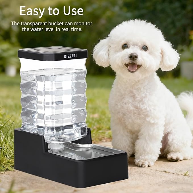 RIZZARI Stainless Steel Pet Waterer: 7L Black Gravity Fed Water Dispenser Leak-Proof for Senior Dogs Joint Care Home Owners - Bedroom Garden Use