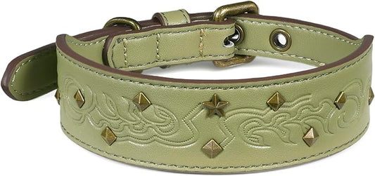 Blueberry Pet Premium Embossed Sage Green Glam Silver-Powered Freshness Microfiber Leather Dog Collar with Antique Brass Studs