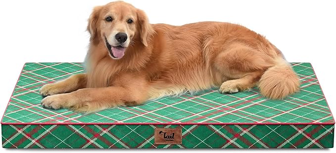Tail Stories Outdoor Extra Large Dog Bed, Waterproof Dog Bed for Large Dogs, Egg Crate Foam XL Pet Bed with Removable Washable Oxford Cooling Cover, Christmas Plaid