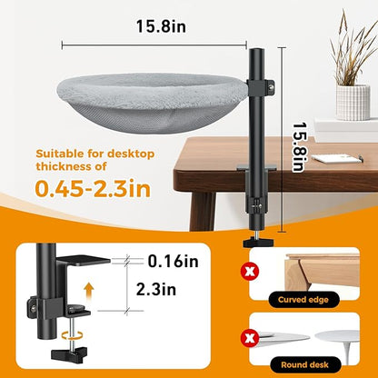 TVOVT On/Under Cat Desk Bed - 360°Rotation & Adjustable Mount Perch Cats Hammock Up to 50 lbs Cat Furniture for Office Desks and Game Tables with 2 Soft and Breathable Dual-Sided Reversible Mat