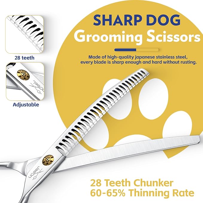 JASON 7" Dog Grooming Shears - Professional Down-curved Chunker Shears with 60%-65% Thinning Rate, Japanese 440C Stainless Steel Dog Grooming Chunkers with Adjustable Screw (28 Teeth, Silver) Gift