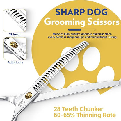 JASON 7" Dog Grooming Shears - Professional Down-curved Chunker Shears with 60%-65% Thinning Rate, Japanese 440C Stainless Steel Dog Grooming Chunkers with Adjustable Screw (28 Teeth, Silver) Gift