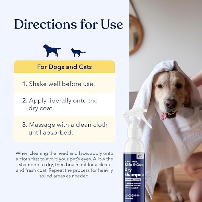 Honest Paws Dog Dry Shampoo - Waterless No Rinse Spray Formula Reducing Itch Cleanse Hydrate Nourish Dry Skin and Smelly Coat Help Decrease Odor Shedding and Allergies - Mandarin & Berry - 8 oz