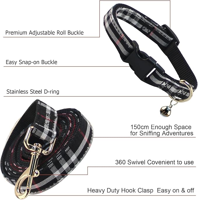 NISIYE Cute Plaid Dog Collar Harness and Leash with Safety Buckle - Adjustable and No Pull Comfortable Dog Collars for Small Puppy, Stylish Durable Gift for Boy Girl Pets