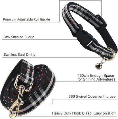 NISIYE Cute Plaid Dog Collar Harness and Leash with Safety Buckle - Adjustable and No Pull Comfortable Dog Collars for Small Puppy, Stylish Durable Gift for Boy Girl Pets