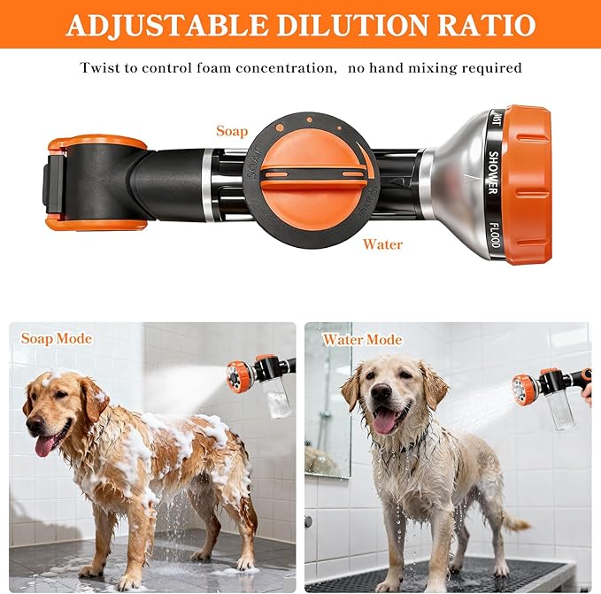 SCHITEC Upgraded Dog Wash Hose Attachment with 100cc Soap Dispenser, 8-in-1 Spray Modes Dog Shampoo Sprayer Nozzle Pet Shower Attachment for Bathing Dogs, Car Wash, Garden Watering