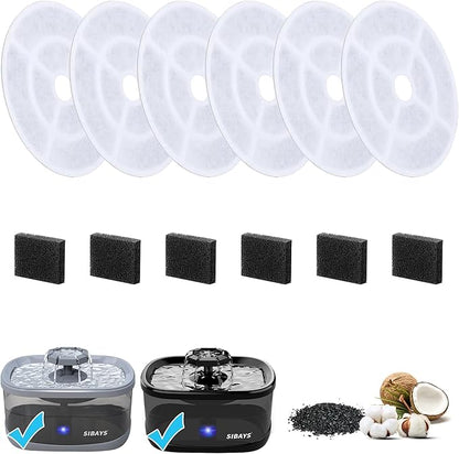 SIBAYS 6 Pack 7" Large Cat Water Fountain Filters Replacement for 2.5Gal/9.5L Dog Water Fountain(FS68) with 4 Layers Filtration System, Made of Coconut Shell Activated Carbon and PP Cotton(Model: L03)