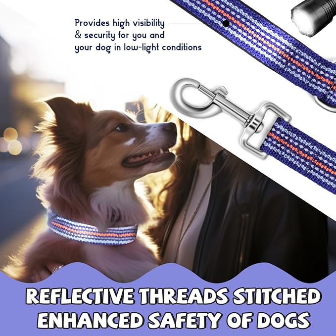 Reflective Dog Collar and Leash Set (4 FT/5 FT), Nylon Leash with Heavy-Duty Steel D-Ring, Adjustable Collar with Quick Release Buckle - 4 Color Matching in Dark Blue