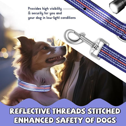 Reflective Dog Collar and Leash Set, Nylon Dog Leash with Heavy-Duty Steel D-Ring, Adjustable with Quick Release Buckle for Large Dogs, Dark Blue L