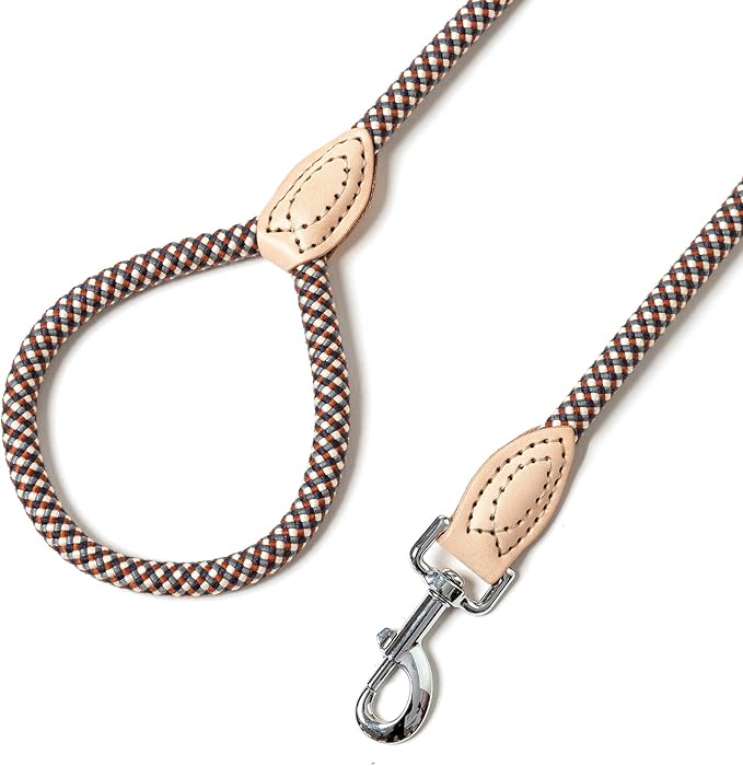 Mile High Life Rope Leash with Genuine Leather Connection, 6 FT/5 FT/4 FT, Heavy Duty Leash for Small Medium & Large Dogs(Brown,48 Inch)