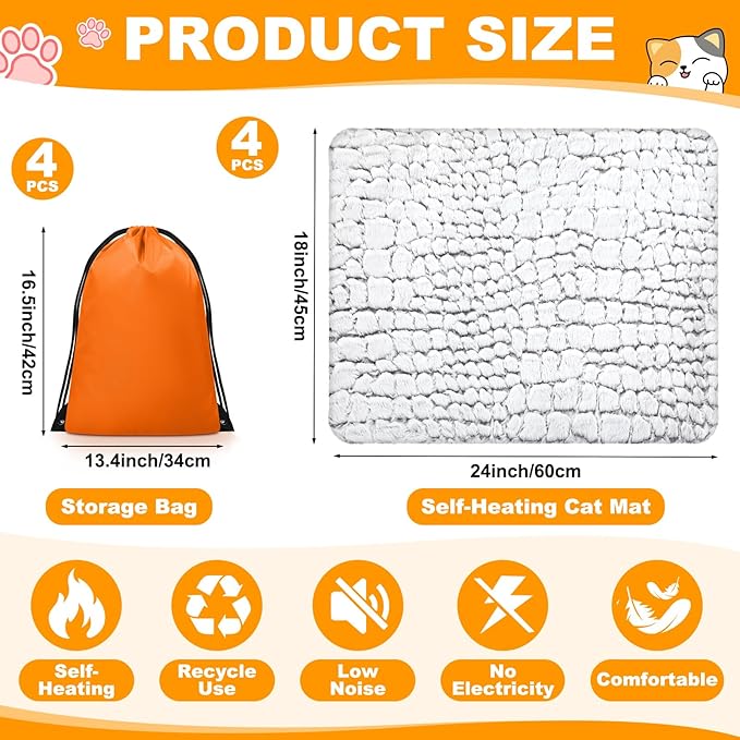 Riakrum 4 Pack Self Warming Cat Beds, 24" x 18" Soft Thermal Self Heating Pet Pads, Non-Slip & Washable Heated Mats with Storage Bags for Cats & Dogs Indoor Outdoor Use