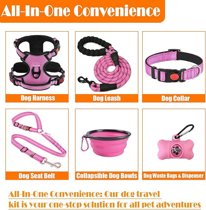 LOBEVE No Pull Dog Harness, Collar & Leash Set | Includes Dog Seat Belt, Collapsible Bowls & Poop Bag Dispenser. Ideal for Training, Walking, Hiking. Fits Small to Large Dogs(Pink-S)