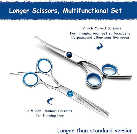 Dog Grooming Scissors - Maxshop 7 Inch Professional 2 Pack Heavy Duty Titanium Stainless Steel Pet Grooming Scissors Kit Rounded Tip Hair Cutting Curved Scissors Thinning Shears for Dogs and Cats