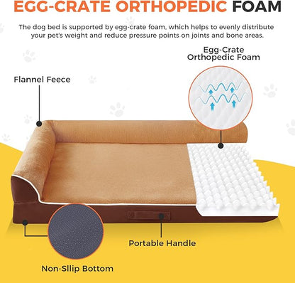 Dog Bed Large Sized Dogs, XL Orthopedic Dog Bed for Large Dogs, Waterproof Pet Bed with Washable Removable Cover, L-Shaped Pet Couch with Portable Handle 42"x30"x7.5", Brown