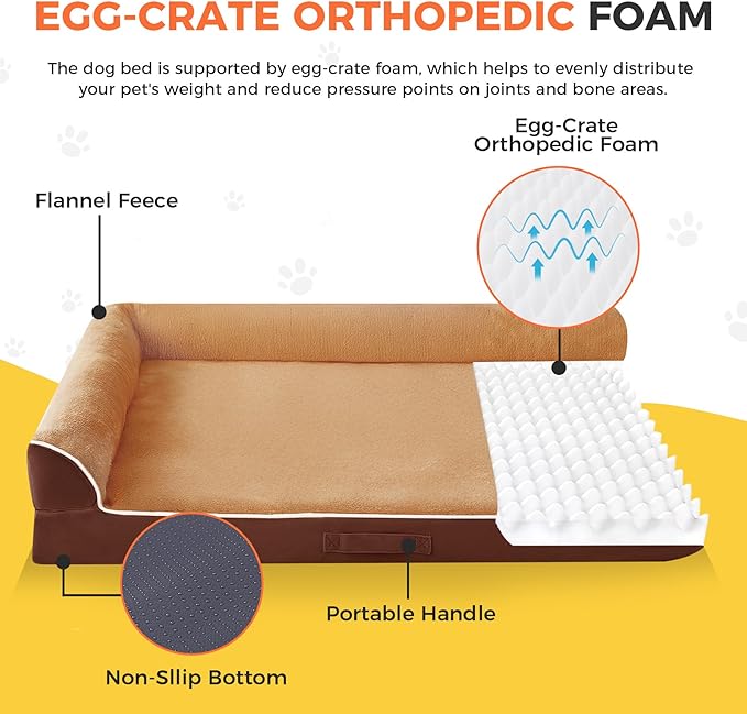 Dog Bed Large Sized Dogs, XXL Orthopedic Dog Bed for Large Dogs, Waterproof Pet Bed with Washable Removable Cover, L-Shaped Pet Couch with Portable Handle 48"x35"x7.5", Brown