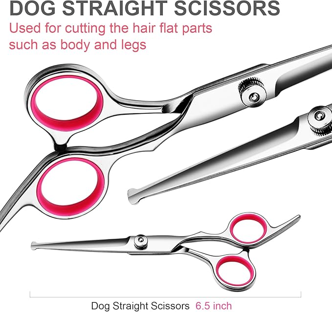 FAIGEO Professional Dog Grooming Scissors Kit, Titanium Coated Dog Scissors for Grooming, Grooming Shears Kit for Dogs Cat At Home (Pink 5 in 1)