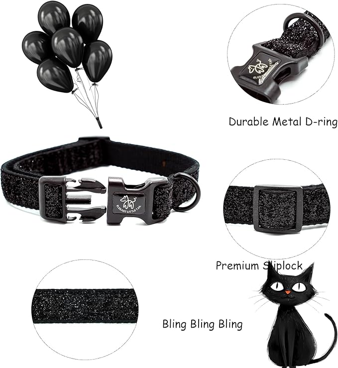 Elegant little tail Glittering Dog Collar, Cute Girl Boy Pet Collar Black Bling Pet Collars Durable Cotton Webbing Eco-Friendly Plastic Buckle Adjustable Dog Collars for Large Dogs