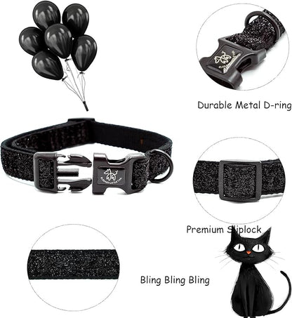 Elegant little tail Glittering Dog Collar, Cute Girl Boy Pet Collar Black Bling Pet Collars Durable Cotton Webbing Eco-Friendly Plastic Buckle Adjustable Dog Collars for Large Dogs