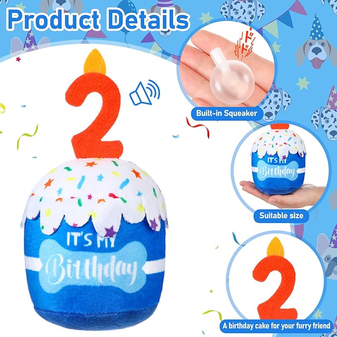 Dog Birthday Cake Toy Accessories for Girl Boy Gifts, Squeaky Plush Toy for Dog Birthday Party Decor Favor for Large, Medium and Small Dogs(2nd,Blue)