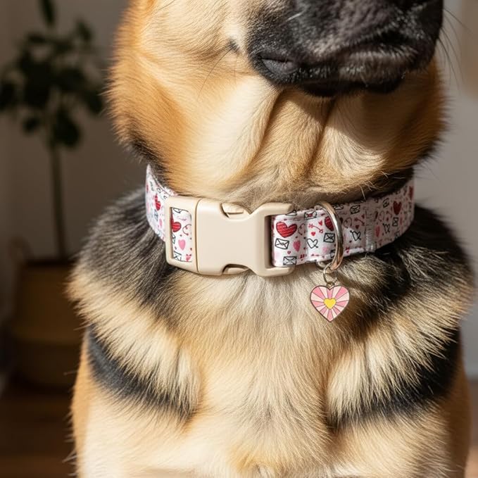 Valentine Dog Collar, Dog Collar Soft Valentine's Day Heart Design for Large Dogs, Durable Soft Fabric Pet Collar, L