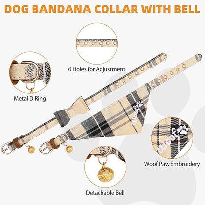 KOOLTAIL Small Dog Collar and Leash Set with Bowtie and Bells, Cute Embroidery Puppy Bandana Collar Collar and Leash with Classic Plaid Pattern,Soft Leather Tangle Free Leashes for Small Dogs,Boy Girl