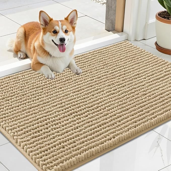 OLANLY Dog Door Mat for Muddy Paws 24x16, Ultra Absorbent Chenille Mud Doormat, Non-Slip Washable and Dirt Trapping Doormat for Indoor Entryway, Quick-Dry Indoor Pet Bed Mats for Dogs, Beige