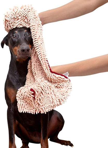 Soggy Doggy Super Shammy Dog Towel - Microfiber Chenille Towel for Drying Dogs and Cleaning Paws - Fast Drying with Hand Pockets for Ease (Beige/Red Trim, 31” x 14”)