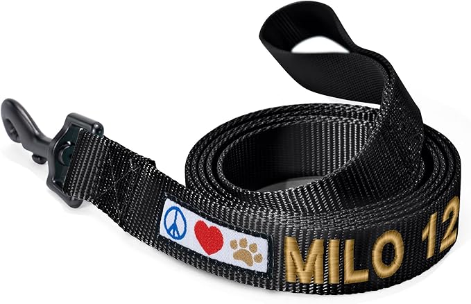 Pawtitas Personalized 6 ft Black Dog Leash XXS/Cat Custom Name and Phone Embroidery Strong Nylon Leash for Small Breeds