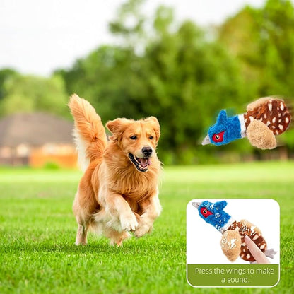 Calibonbon Pheasant (Bird) Dog Squeaky Toy for Aggressive Chewers - No Stuffing Chew Proof Plush with 4 Squeakers & Crinkle Wings, Durable Puppy Toys for Small Medium Large Dogs (Blue & Brown)