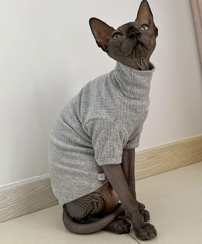 Sphynx Hairless Cats Shirt Cotton Cat Turtleneck Sweater Pullover Kitten T-Shirts with Sleeves Cat Pajamas Jumpsuit for Sphynx Cornish Rex, Devon Rex, Peterbald (X-Large (Pack of 1), Light Grey)