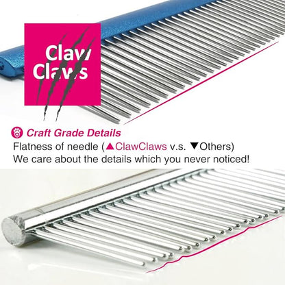 Claw Claws Greyhound Oval Grooming Comb – Aluminum handle, Stainless Steel Teeth Comb for Long-Haired Dogs & Cats, Removes Mats, Tangles, and Loose Fur – Lightweight for Deshedding (Silver/Blue, 9.8")