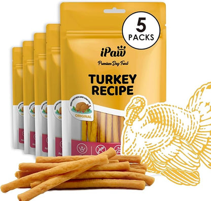iPaw Turkey Dog Treats, All Natural Human Grade Dog Treat, Suitable for Training chew, US Sourced Raw Material, Hypoallergenic, Rawhide Alternative, Thin Stick (Original), 5 Packs