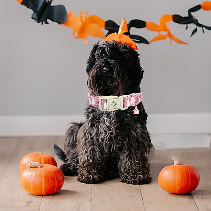 Elegant little tail Halloween Dog Collar, Ghost Print Pink Halloween Pet Collars Cotton Soft Sturdy Puppy Collars Holiday Female Adjustable Collar for X-Small Puppy