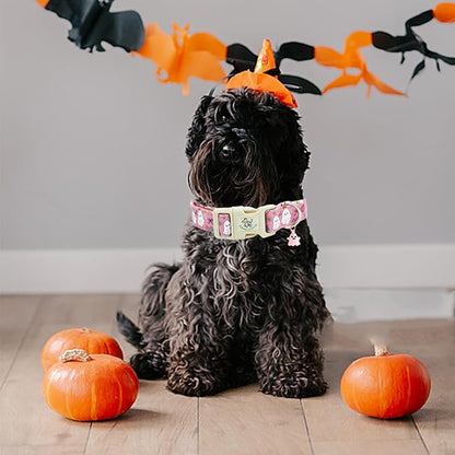Elegant little tail Halloween Dog Collar, Ghosts Print Pink Halloween Pet Collars Cotton Soft Sturdy Puppy Collars Holiday Female Adjustable Collar for Medium Dogs
