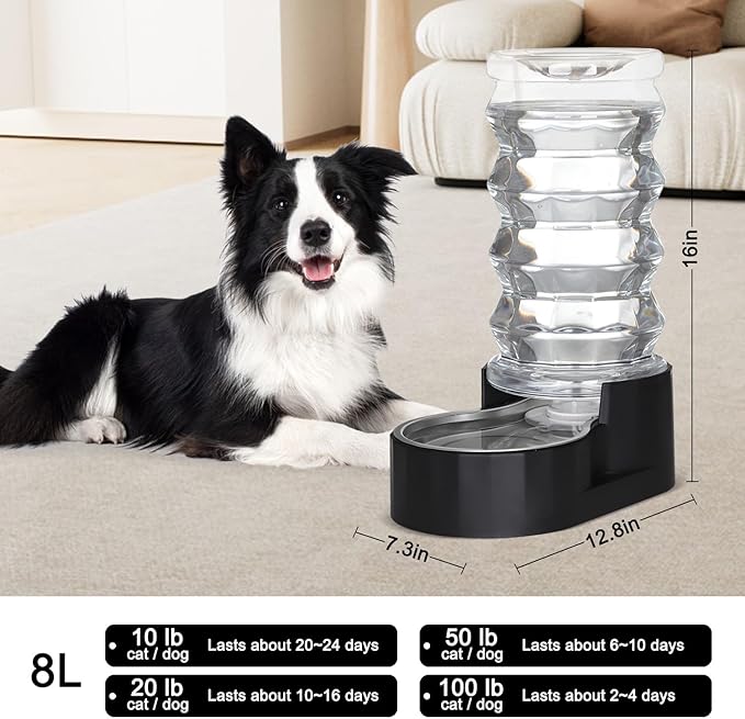 RIZZARI Dog Water Bowl Dispenser : 8L Gravity Large Black Stainless Steel Automatic Feeder with Triple Filter - No Spill - Easy Clean - for Energetic Dog Owners - Multi-Pet Families -Backyard -Balcony